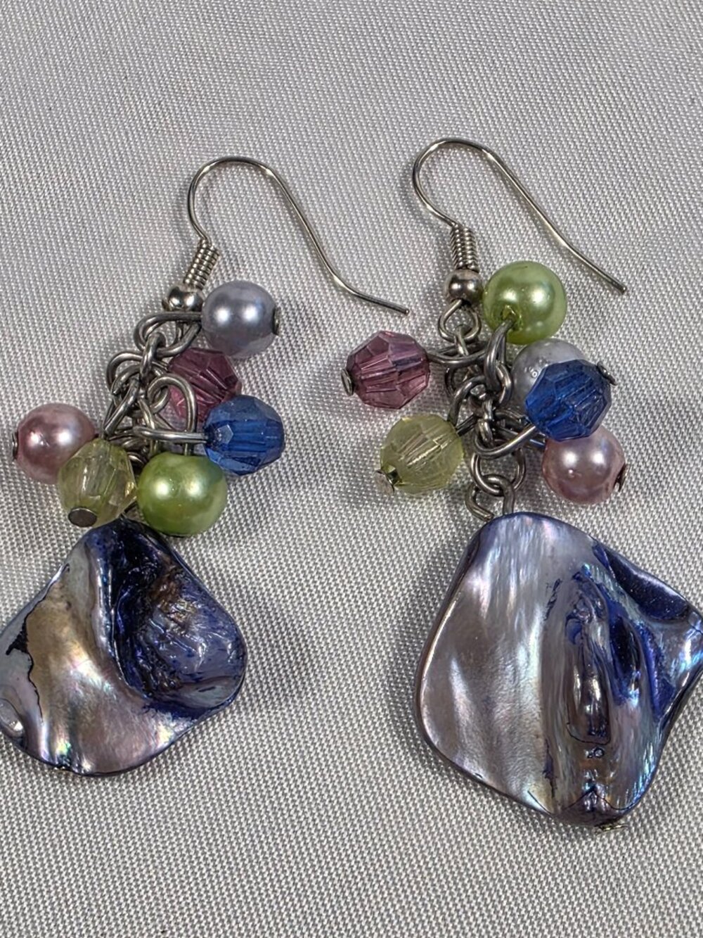 Abalone Dangle Drop Earrings Purple Abalone Shells with Colorful Beaded Clusters